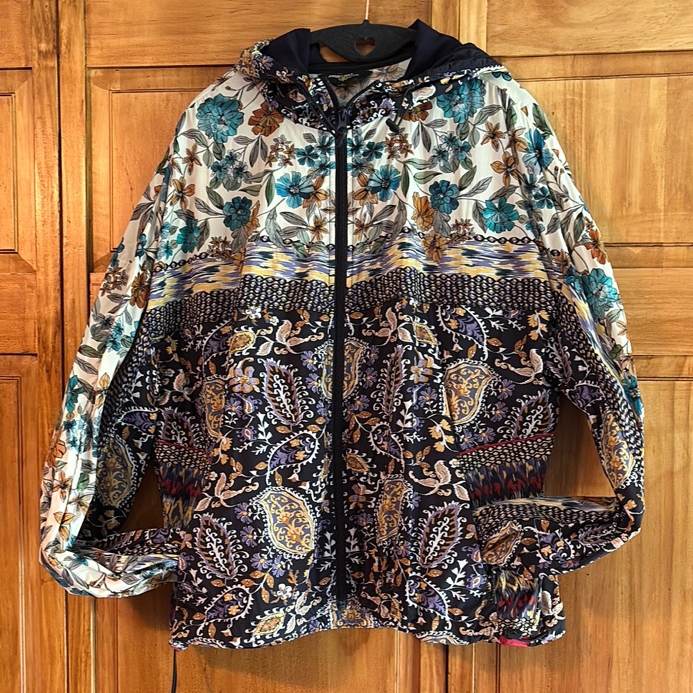 Johnny Was Active Blue and Cream windbreaker Jacket with Intricate Design